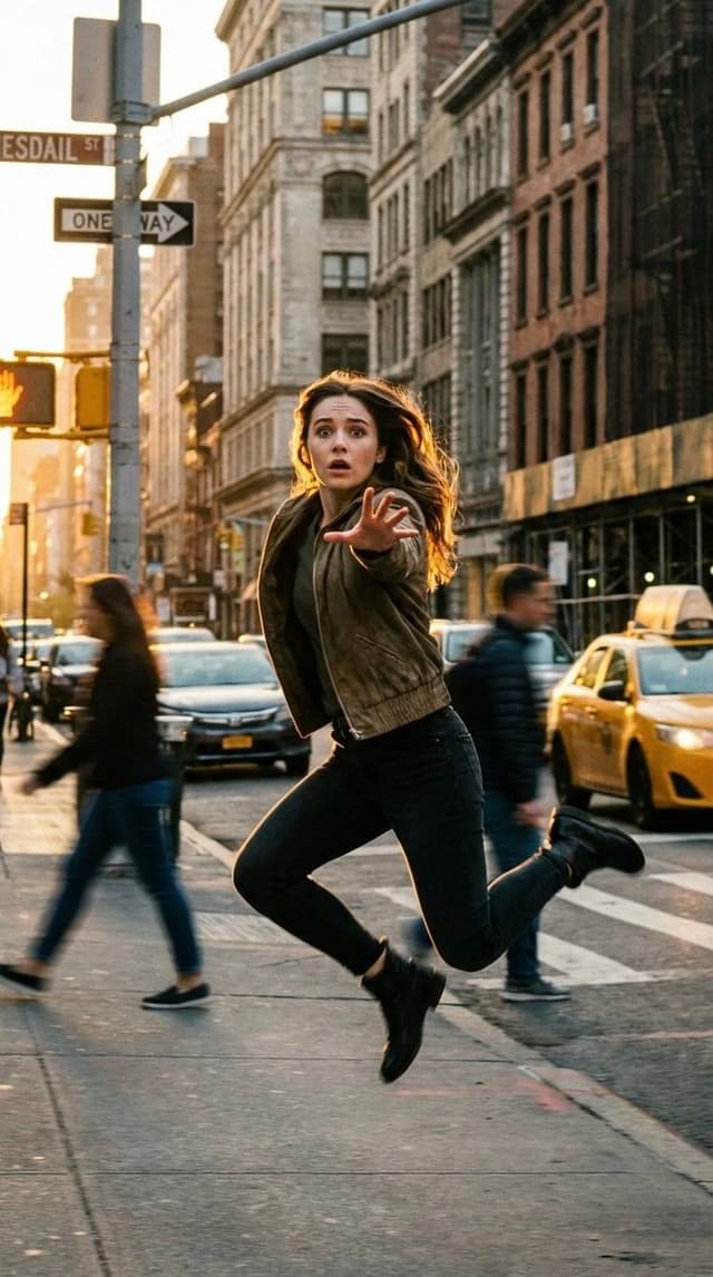 Cinematic Freeze-Frame Action Shot in NYC Prompt — output