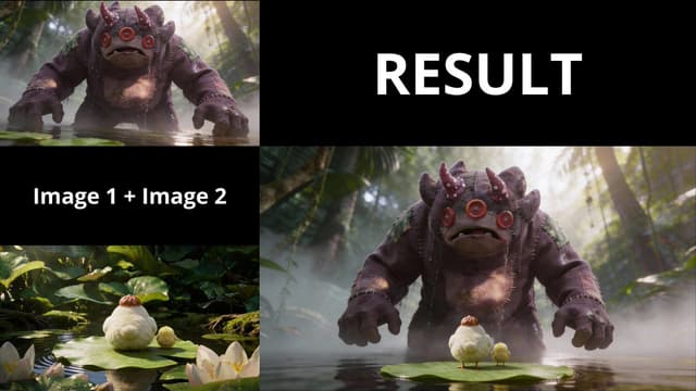 Comic / Storyboard - 3D Animated Scene of Chicks and a Monster on Lily Pads — output