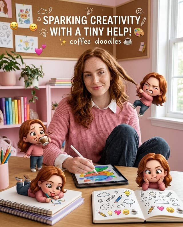 Social Media Post - Creative Woman with Chibi Mini-Versions in Pink Office — output