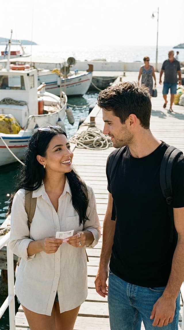 Social Media Post - Candid Travel Romance Film Still in Aegean Harbor — output
