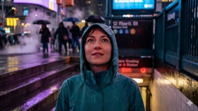 Neon Rain Subway Exit Portrait Prompt — output
