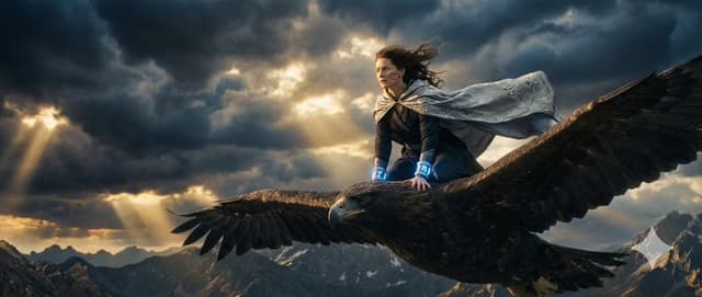 YouTube Thumbnail - Dune-Inspired Epic Scene with Woman Riding a Giant Rooster — output