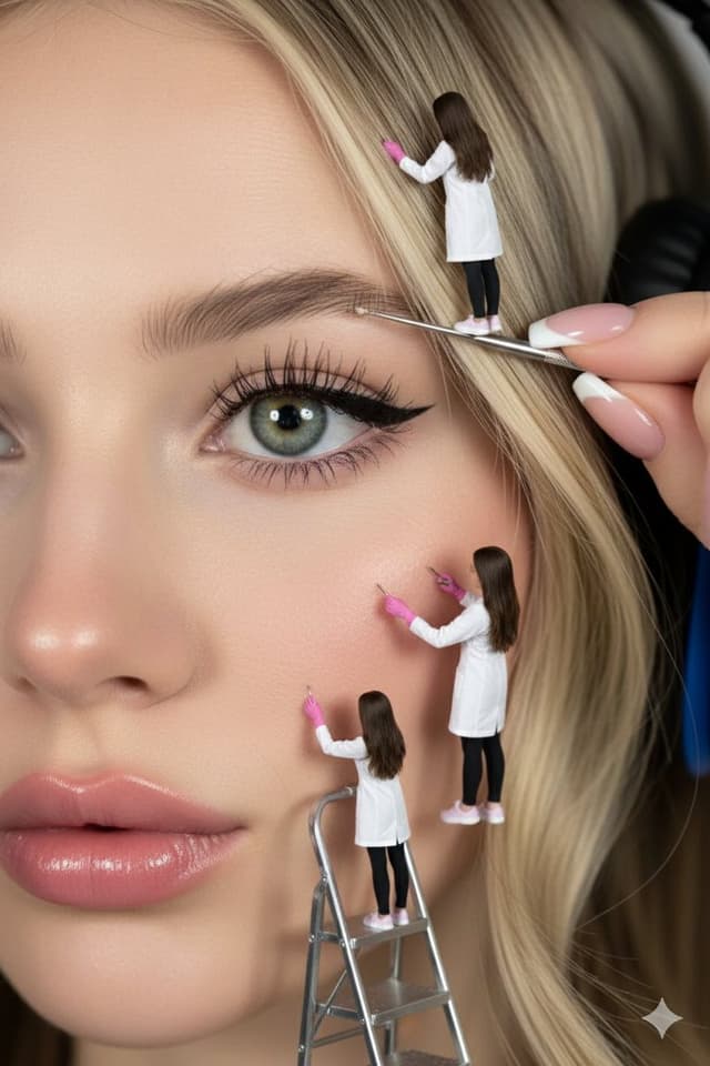 Hyper-realistic close-up of a woman's face being 'maintained' by miniature aesthetic doctors — output