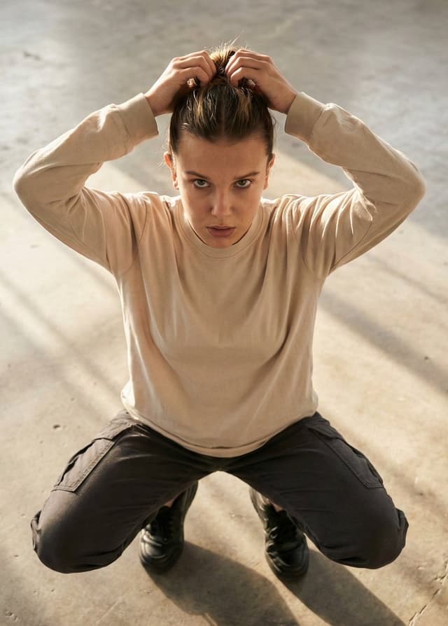 Editorial realism portrait of a woman tying her hair — output