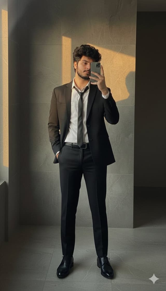 Formal Suit Mirror Selfie with Face Reference Prompt — output