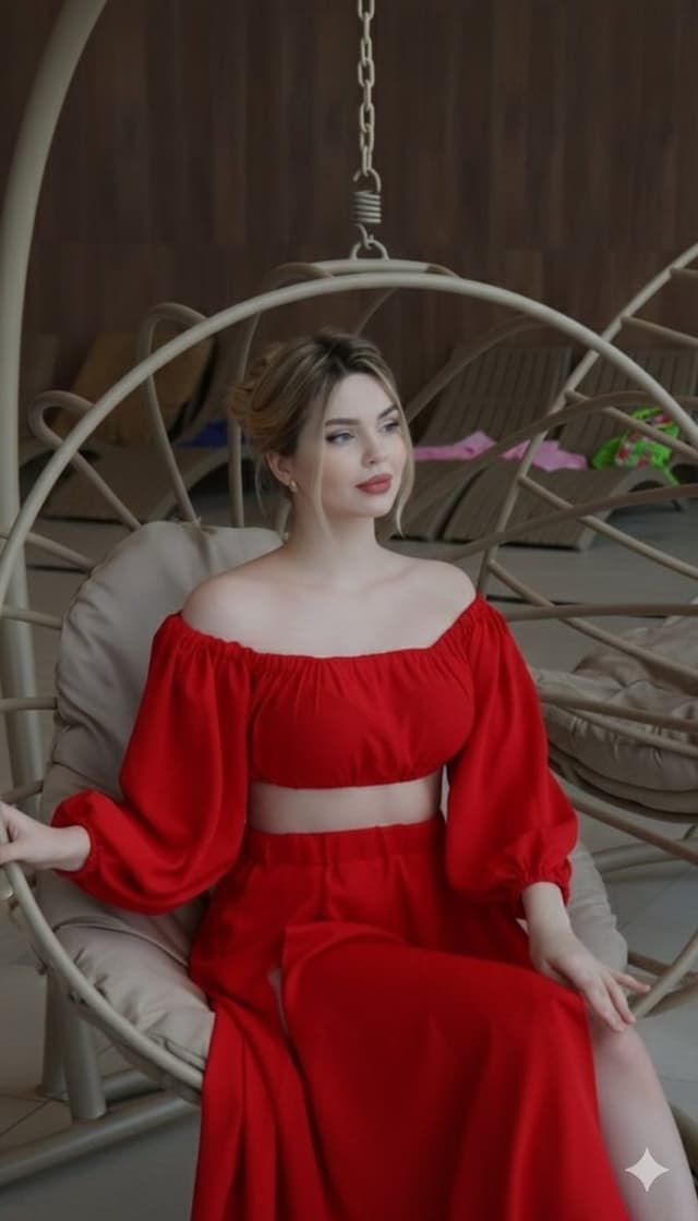 Crimson Red Fashion Editorial in Rattan Chair — output