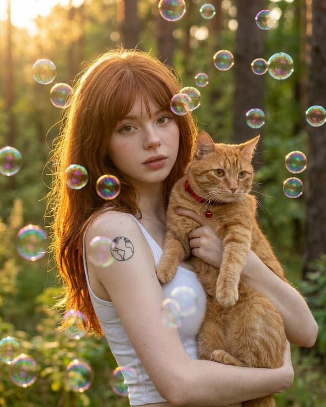 Dreamy Golden Hour Portrait with Cat and Soap Bubbles — output