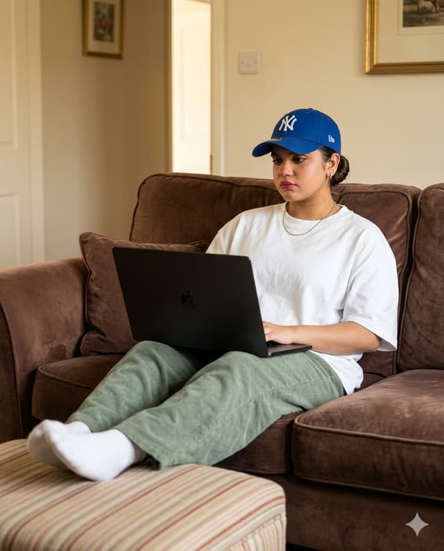E-commerce Main Image - Cozy English Cottage Interior with Laptop — output
