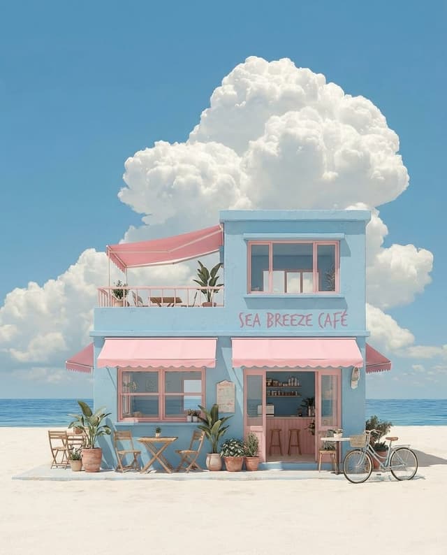 Pastel Coastal Building with Dramatic Cumulus Cloud Prompt — output