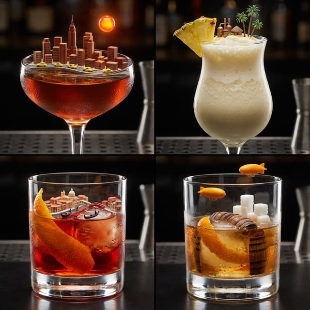2x2 Grid of Cocktails as Tiny Living Cities — output