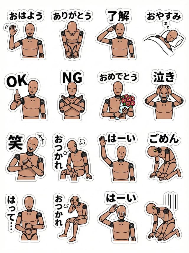 LINE sticker sheet for standing doll character (Japanese) — output
