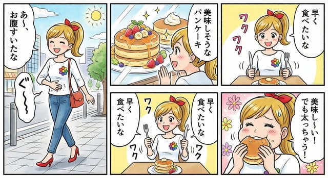 Four-panel manga about a hungry woman and pancakes — output