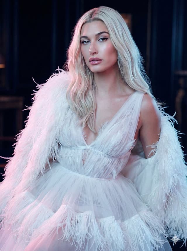 High-Fashion Feather Tulle Glamour Portrait Prompt in JSON — output
