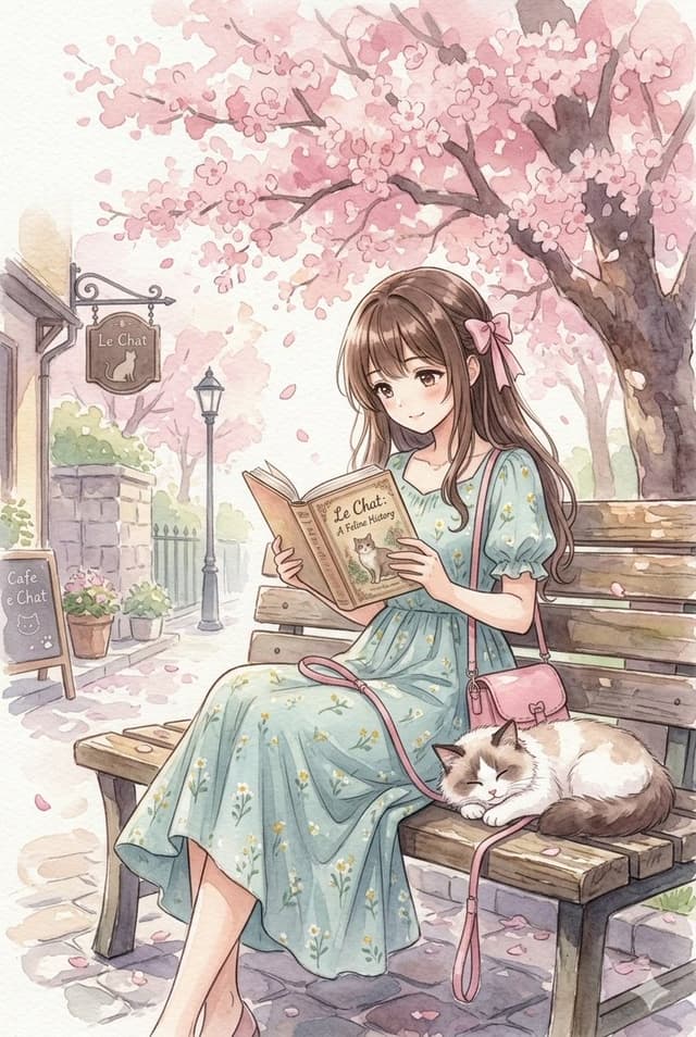Comic / Storyboard - Watercolor Anime Girl Reading Under Cherry Blossoms — output