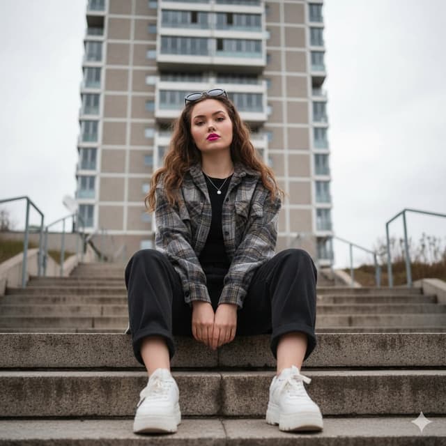 Low-Angle Full-Body Portrait on Concrete Steps — output