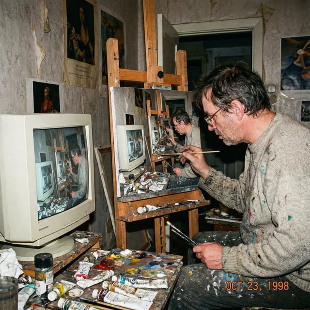 Recursive artist painting a photo of himself painting — output