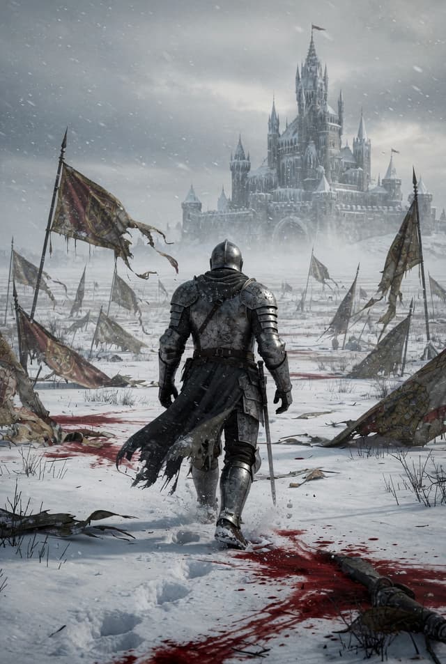 Lone Medieval Knight in Snowy Field Video Prompt — cover