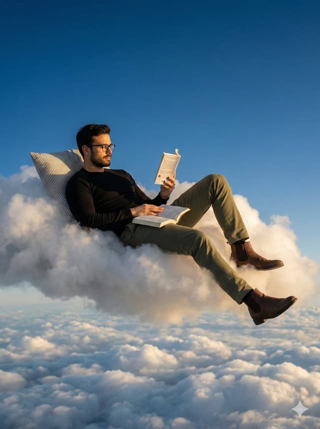 Photorealistic Surreal Scene of a Man Reclining on a Floating Cloud — output