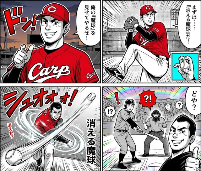 Comic / Storyboard - AI-generated 4-panel manga: The Vanishing Magic Ball — output