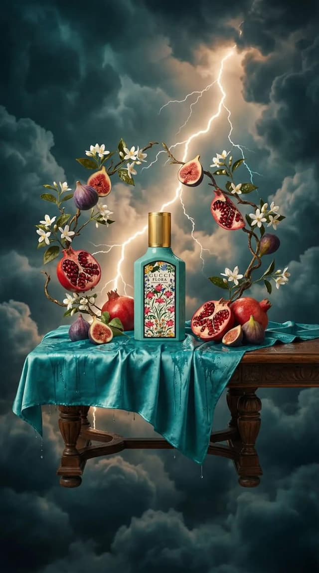 E-commerce Main Image - Surreal Baroque Still Life Perfume Ad Prompt — output