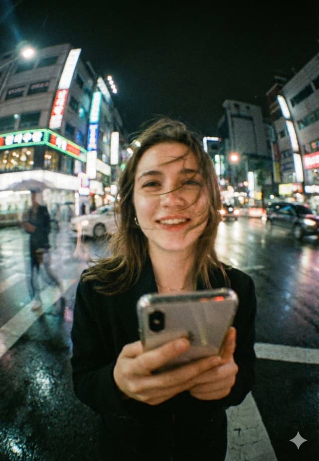 Neon City Night Portrait with Wide-Angle Distortion — output