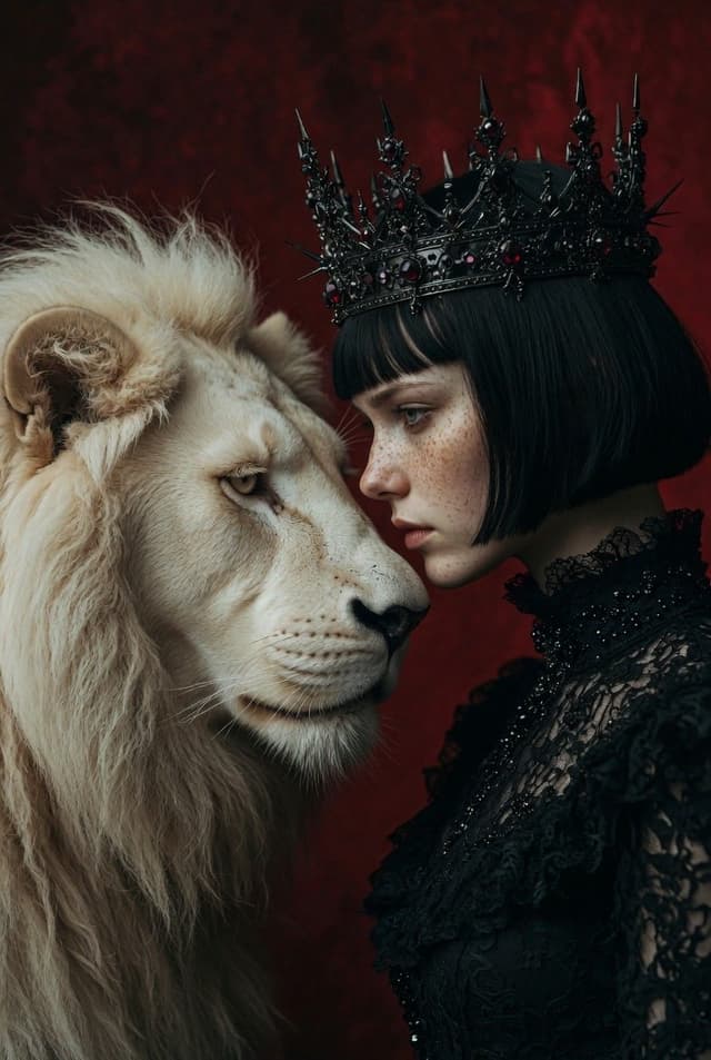 Gothic Woman and Albino Lion Portrait — cover