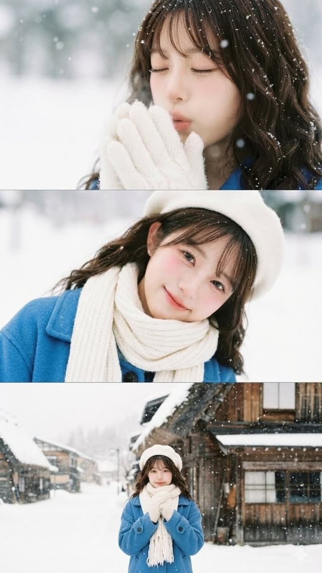 Vertical film strip collage of an Asian woman in a snowy Hokkaido setting — output