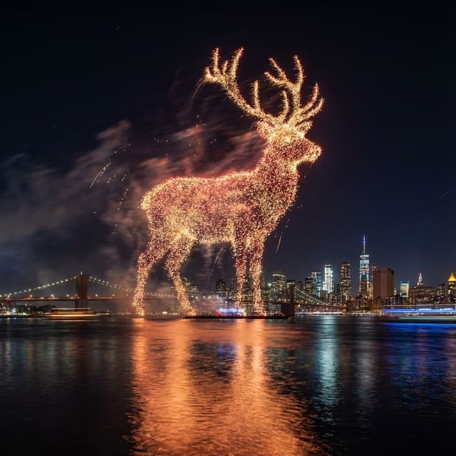 Santa Claus Fireworks over City Skyline — output