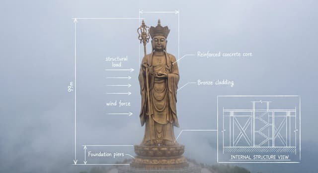 Technical Schematic Overlay on Statue Photograph — output