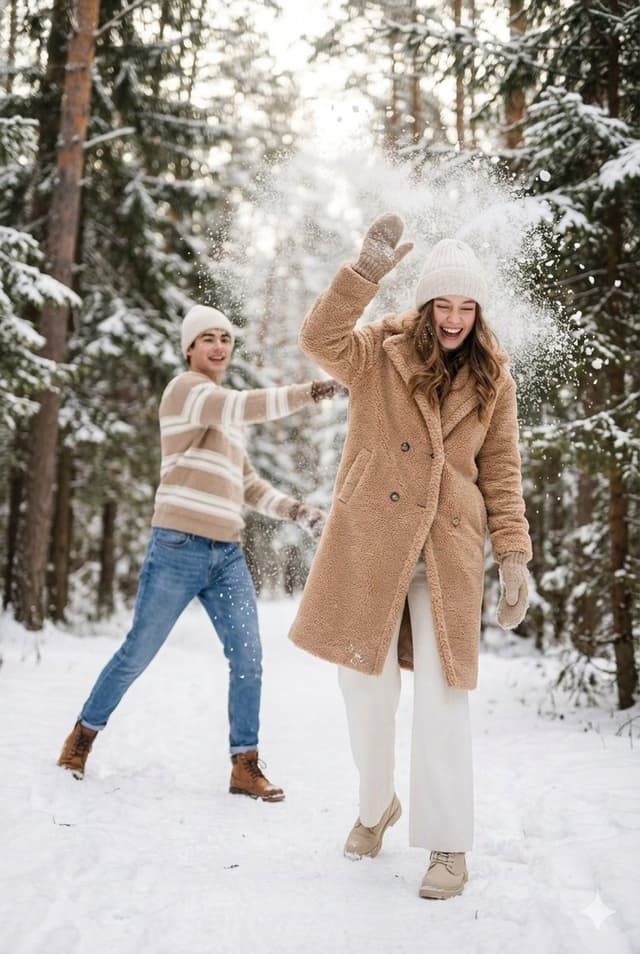 Cinematic Winter Scene Prompt of Couple Throwing Snow — output