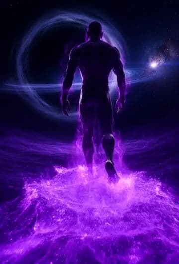 Grok Imagine Prompt: The colossal silhouette of a deity strides through the depths of a twisted, swirling River of Time — cover