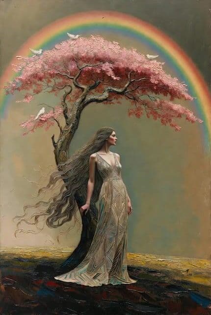Ultra cinematic oil painting of woman and tree — cover