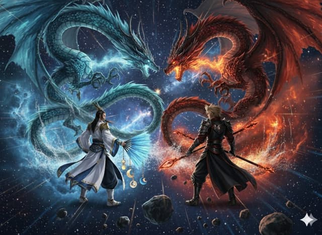 Game Asset - Image generation prompt for Nano Banana Pro: Zhuge Liang vs. Sima Yi in a Final Fantasy X style cosmic battle — output