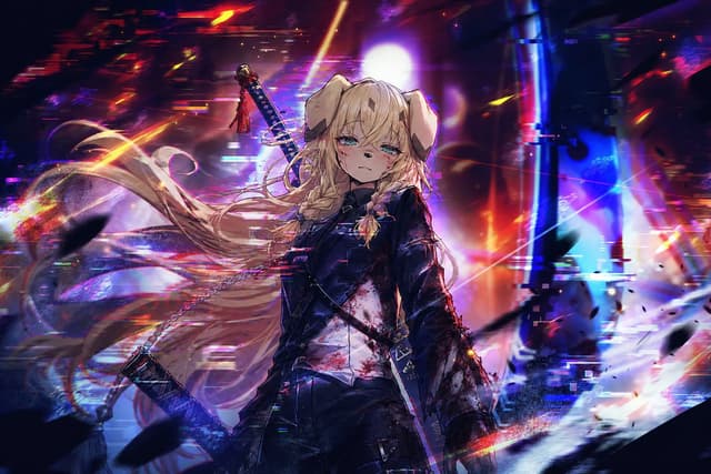 YouTube Thumbnail - Cyberpunk Dog-Eared Swordswoman — output