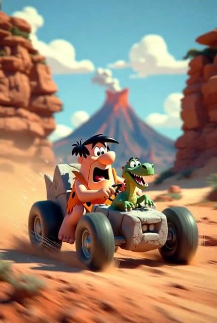 Flintstones style prehistoric car chase — cover
