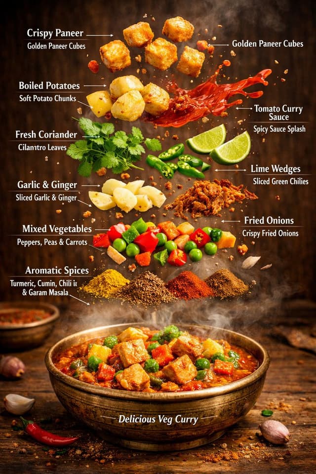 Infographic / Edu Visual - Hyper-realistic editorial food infographic of Indian Veg Curry — output