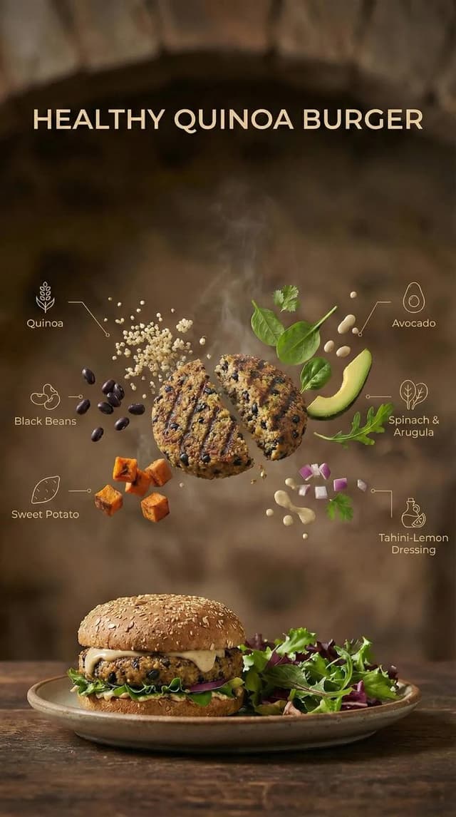 Exploded View Quinoa Burger Commercial Photography Prompt — output