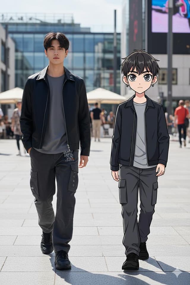 Product Marketing - 64K Street Candid with Cartoon Twin and Custom Branding — output