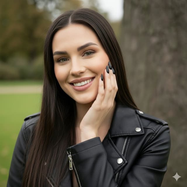 Hyper-detailed 4K portrait of a female model in a black leather jacket and jeans sitting on park grass — output