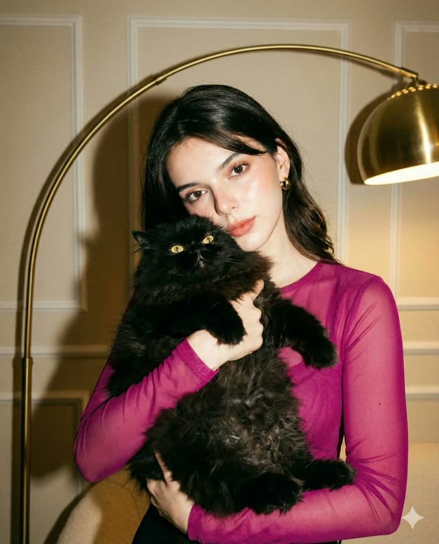 High-Fashion Flash Photo with Cat (Facial Edit Lock) — output