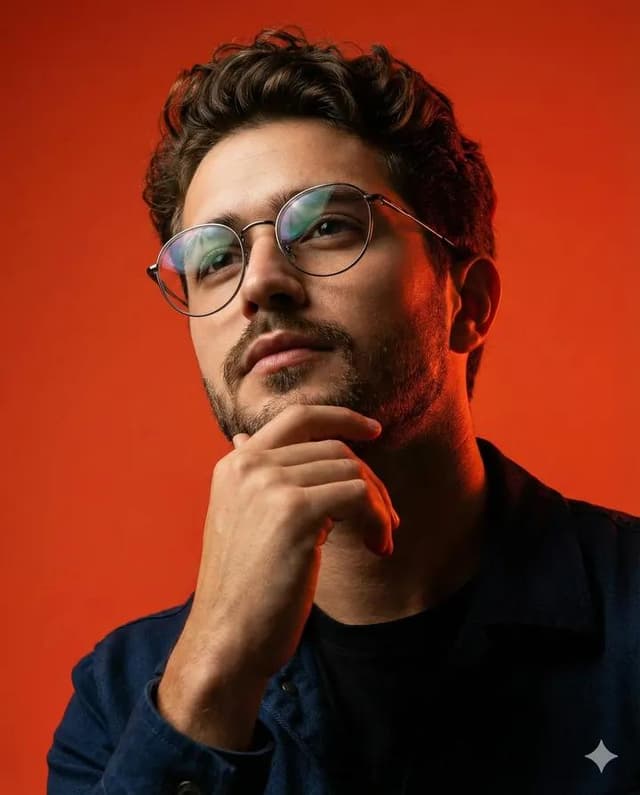 Dynamic Low-Angle Portrait with Orange-Red Background — output