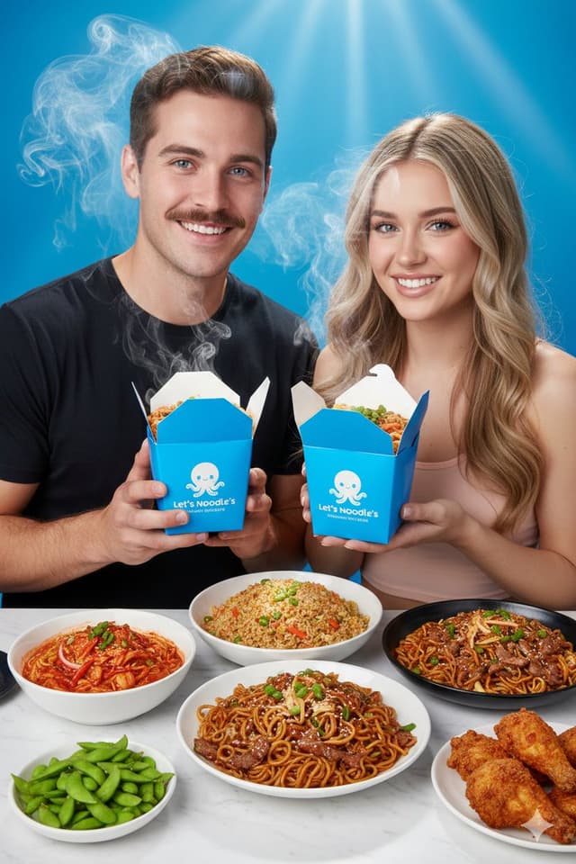 Vibrant Food Photography with Couple and Noodle Boxes — output