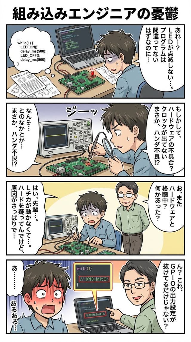 4-panel comic about embedded engineer struggles — output