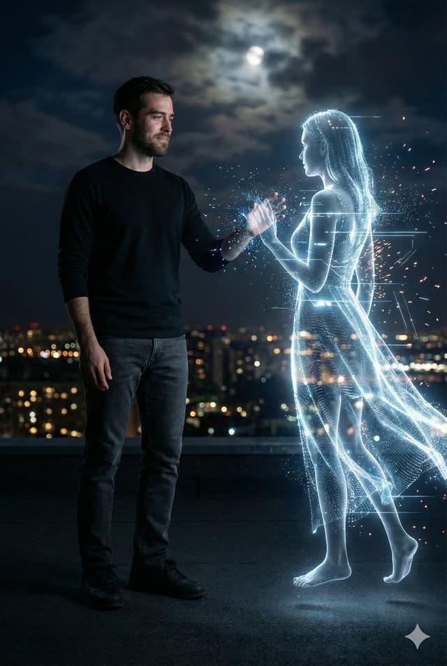 Cinematic Night Rooftop Scene with Hologram — output