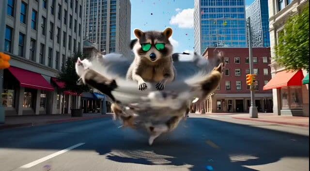 Chaotic, cinematic video generation prompt: Raccoon riding a cat tornado — cover