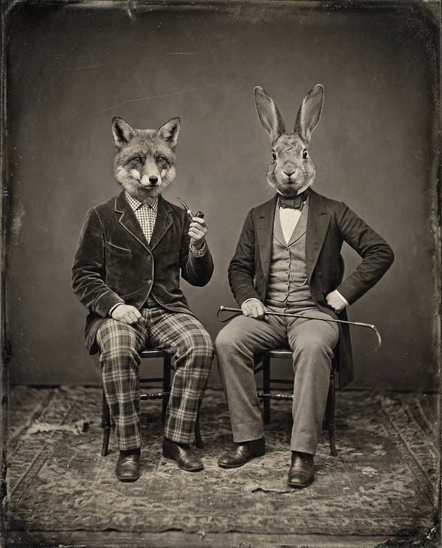 Vintage Sepia-Toned Portrait with Animal Heads — output
