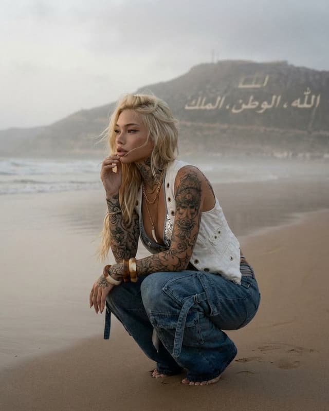 Tattooed Woman on Misty Beach Fashion Editorial — output