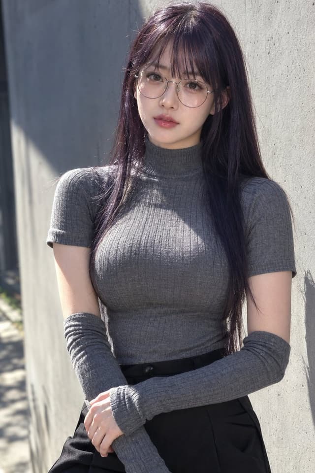 Social Media Post - East Asian Woman in Gray Turtleneck Concrete Wall — output
