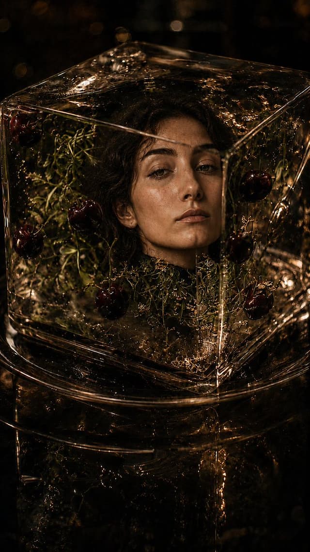 Product Marketing - Woman Encased in Amber Glass Cube — output