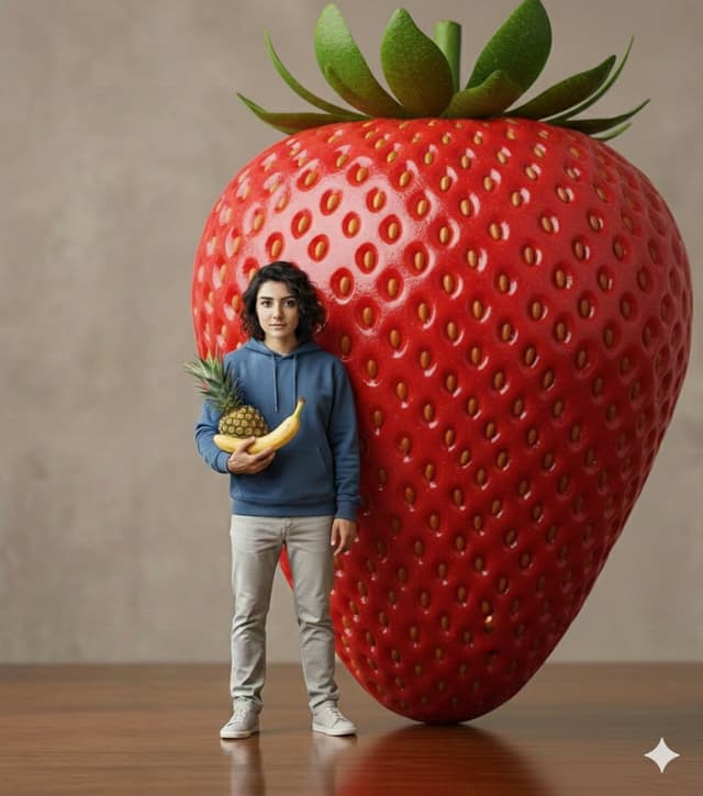 E-commerce Main Image - Hyper-realistic Giant Strawberry with Tiny Subject — output